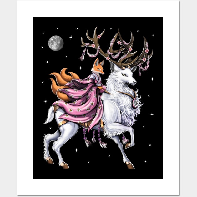 Japanese Kitsune Fox Riding Cherry Blossom Deer Wall Art by underheaven